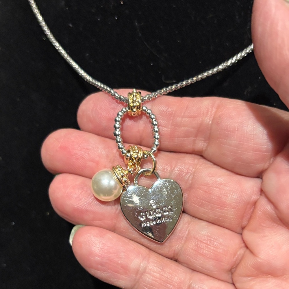 Silver Heart Pendant Necklace with Upcycled GG heart charm & Pearl Charm - Picture 2 of 6